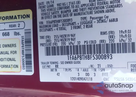 2015 Ford Mustang Ecoboost z USA, uszkodzony, nr VIN 1FA6P8TH8F5300893